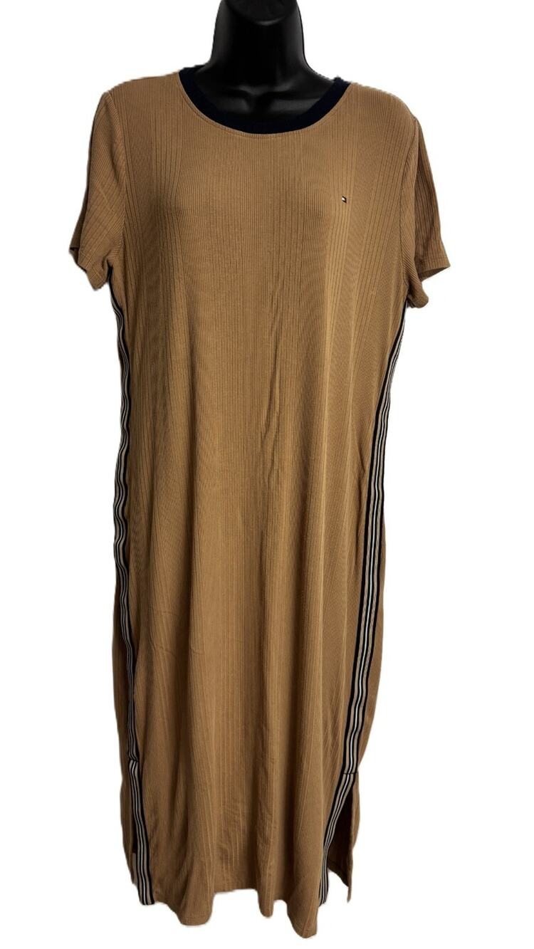 Tommy Hilfiger XL Ribbed Brown T-Shirt Dress Women Side Stripe Casual Midi